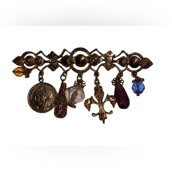 Source Unknown Jewelry - Gold Tone Ornate Brooch Hanging Charms